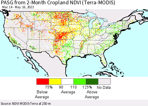 United States PASG from 2-Month Cropland NDVI (Terra-MODIS) Thematic Map For 5/9/2023 - 5/16/2023