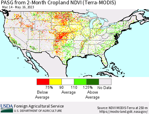 United States PASG from 2-Month Cropland NDVI (Terra-MODIS) Thematic Map For 5/11/2023 - 5/20/2023