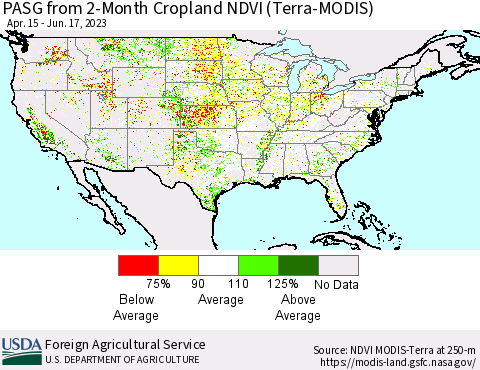 United States PASG from 2-Month Cropland NDVI (Terra-MODIS) Thematic Map For 6/11/2023 - 6/20/2023