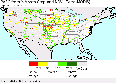United States PASG from 2-Month Cropland NDVI (Terra-MODIS) Thematic Map For 6/18/2023 - 6/25/2023