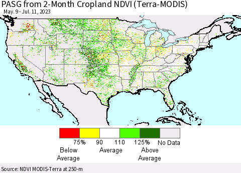 United States PASG from 2-Month Cropland NDVI (Terra-MODIS) Thematic Map For 7/4/2023 - 7/11/2023
