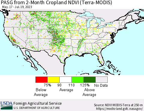 United States PASG from 2-Month Cropland NDVI (Terra-MODIS) Thematic Map For 7/11/2023 - 7/20/2023