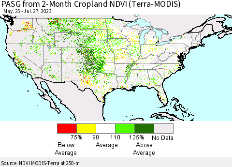 United States PASG from 2-Month Cropland NDVI (Terra-MODIS) Thematic Map For 7/20/2023 - 7/27/2023