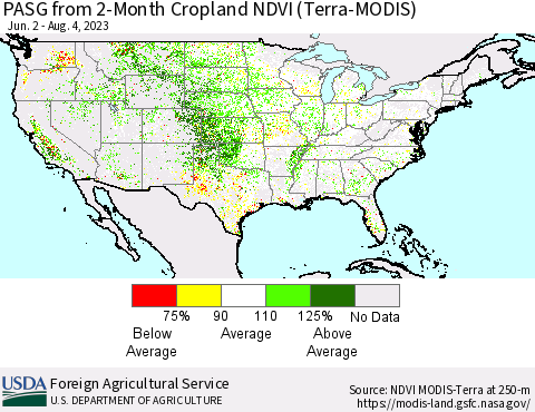 United States PASG from 2-Month Cropland NDVI (Terra-MODIS) Thematic Map For 8/1/2023 - 8/10/2023