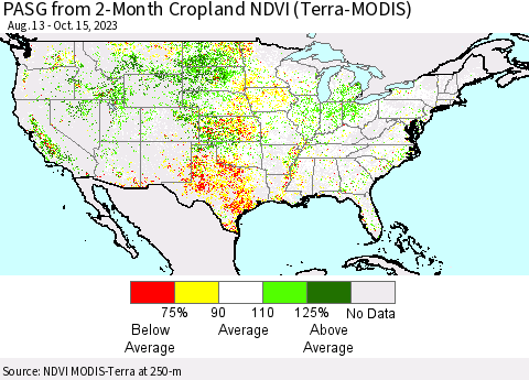 United States PASG from 2-Month Cropland NDVI (Terra-MODIS) Thematic Map For 10/8/2023 - 10/15/2023