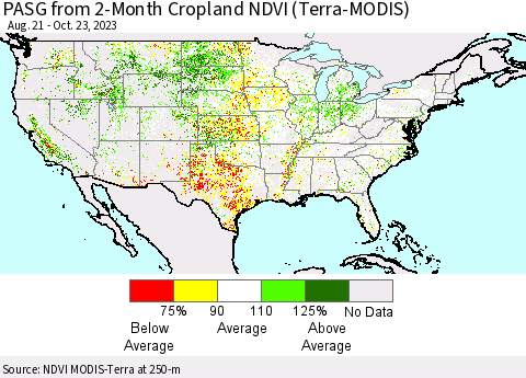 United States PASG from 2-Month Cropland NDVI (Terra-MODIS) Thematic Map For 10/16/2023 - 10/23/2023
