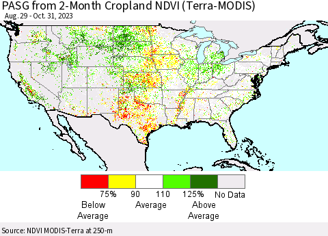 United States PASG from 2-Month Cropland NDVI (Terra-MODIS) Thematic Map For 10/24/2023 - 10/31/2023