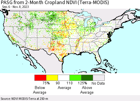 United States PASG from 2-Month Cropland NDVI (Terra-MODIS) Thematic Map For 11/1/2023 - 11/8/2023