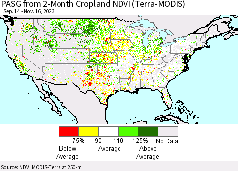 United States PASG from 2-Month Cropland NDVI (Terra-MODIS) Thematic Map For 11/9/2023 - 11/16/2023
