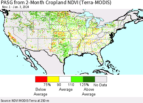 United States PASG from 2-Month Cropland NDVI (Terra-MODIS) Thematic Map For 12/27/2023 - 1/3/2024