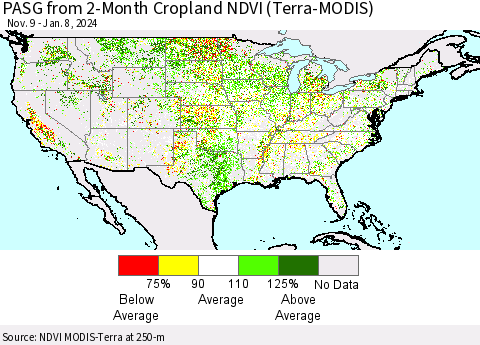 United States PASG from 2-Month Cropland NDVI (Terra-MODIS) Thematic Map For 1/1/2024 - 1/8/2024