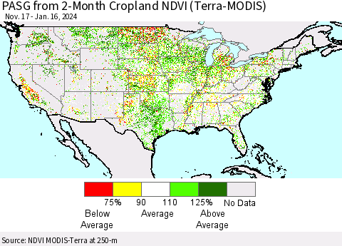 United States PASG from 2-Month Cropland NDVI (Terra-MODIS) Thematic Map For 1/9/2024 - 1/16/2024