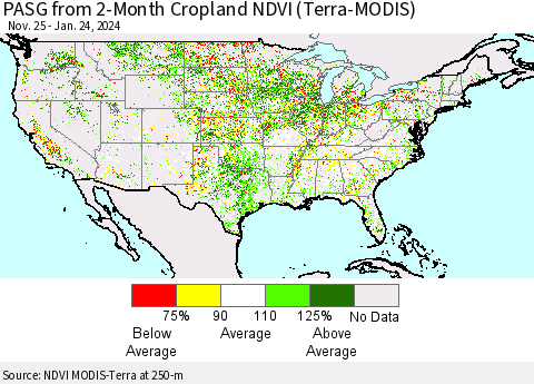 United States PASG from 2-Month Cropland NDVI (Terra-MODIS) Thematic Map For 1/17/2024 - 1/24/2024