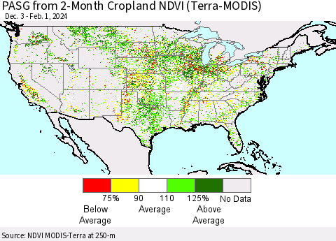 United States PASG from 2-Month Cropland NDVI (Terra-MODIS) Thematic Map For 1/25/2024 - 2/1/2024