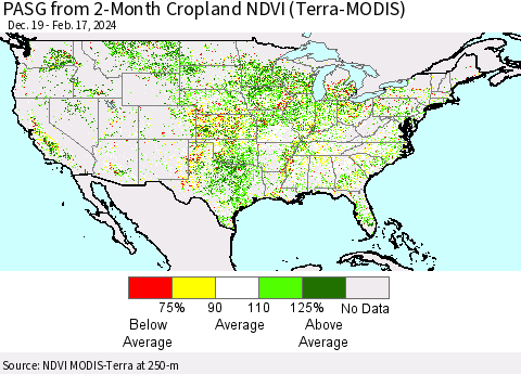 United States PASG from 2-Month Cropland NDVI (Terra-MODIS) Thematic Map For 2/10/2024 - 2/17/2024