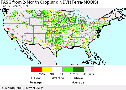 United States PASG from 2-Month Cropland NDVI (Terra-MODIS) Thematic Map For 3/13/2024 - 3/20/2024