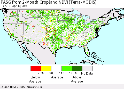 United States PASG from 2-Month Cropland NDVI (Terra-MODIS) Thematic Map For 4/6/2024 - 4/13/2024