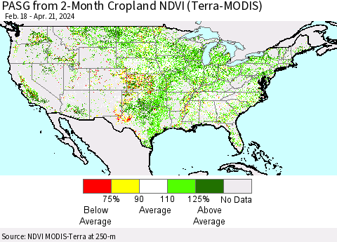 United States PASG from 2-Month Cropland NDVI (Terra-MODIS) Thematic Map For 4/14/2024 - 4/21/2024