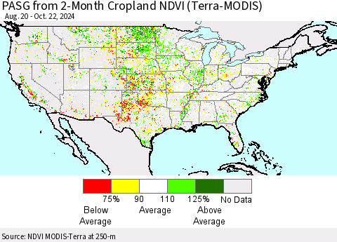 United States PASG from 2-Month Cropland NDVI (Terra-MODIS) Thematic Map For 10/15/2024 - 10/22/2024