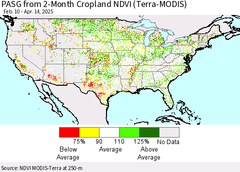 United States PASG from 2-Month Cropland NDVI (Terra-MODIS) Thematic Map For 4/7/2025 - 4/14/2025