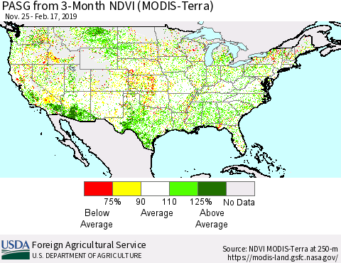 United States PASG from 3-Month NDVI (Terra-MODIS) Thematic Map For 2/11/2019 - 2/20/2019
