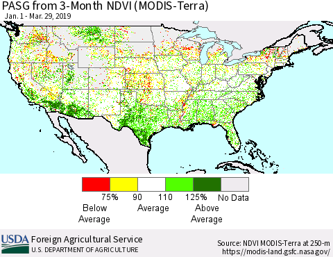 United States PASG from 3-Month NDVI (Terra-MODIS) Thematic Map For 3/21/2019 - 3/31/2019