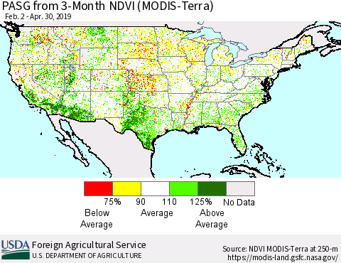 United States PASG from 3-Month NDVI (Terra-MODIS) Thematic Map For 4/21/2019 - 4/30/2019