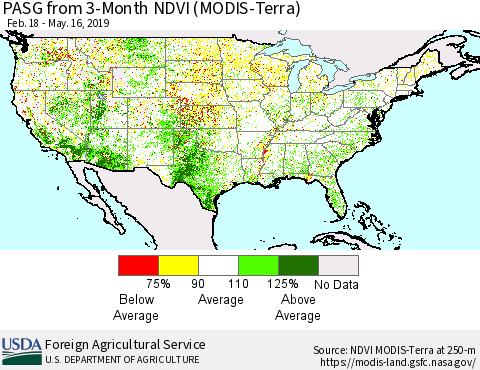 United States PASG from 3-Month NDVI (Terra-MODIS) Thematic Map For 5/11/2019 - 5/20/2019