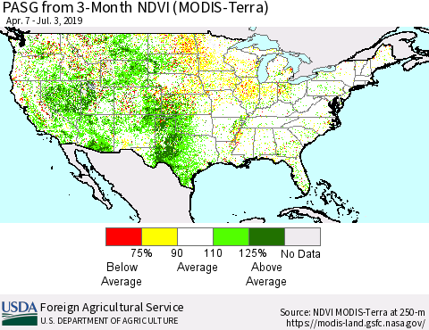 United States PASG from 3-Month NDVI (Terra-MODIS) Thematic Map For 7/1/2019 - 7/10/2019