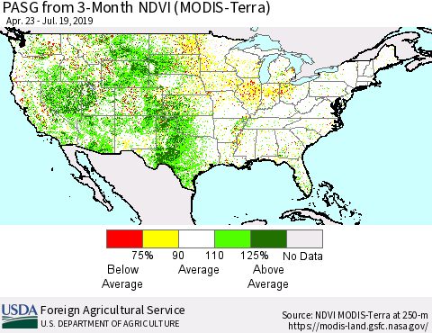 United States PASG from 3-Month NDVI (Terra-MODIS) Thematic Map For 7/11/2019 - 7/20/2019