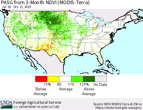 United States PASG from 3-Month NDVI (Terra-MODIS) Thematic Map For 10/11/2019 - 10/20/2019