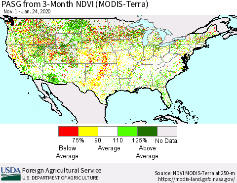United States PASG from 3-Month NDVI (Terra-MODIS) Thematic Map For 1/21/2020 - 1/31/2020