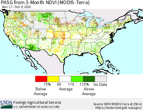 United States PASG from 3-Month NDVI (Terra-MODIS) Thematic Map For 2/1/2020 - 2/10/2020