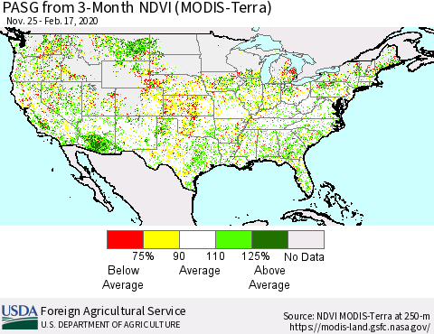 United States PASG from 3-Month NDVI (Terra-MODIS) Thematic Map For 2/11/2020 - 2/20/2020
