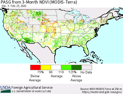 United States PASG from 3-Month NDVI (Terra-MODIS) Thematic Map For 2/21/2020 - 2/29/2020