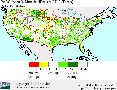 United States PASG from 3-Month NDVI (Terra-MODIS) Thematic Map For 3/21/2020 - 3/31/2020