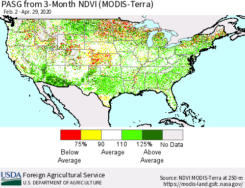 United States PASG from 3-Month NDVI (Terra-MODIS) Thematic Map For 4/21/2020 - 4/30/2020