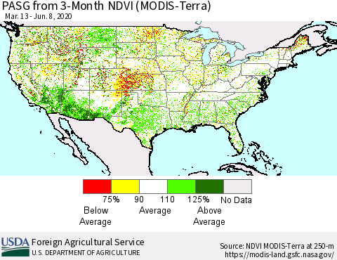 United States PASG from 3-Month NDVI (Terra-MODIS) Thematic Map For 6/1/2020 - 6/10/2020