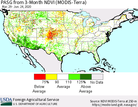 United States PASG from 3-Month NDVI (Terra-MODIS) Thematic Map For 6/21/2020 - 6/30/2020