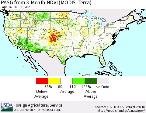 United States PASG from 3-Month NDVI (Terra-MODIS) Thematic Map For 7/1/2020 - 7/10/2020