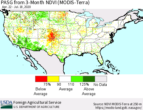 United States PASG from 3-Month NDVI (Terra-MODIS) Thematic Map For 7/11/2020 - 7/20/2020