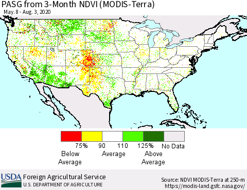 United States PASG from 3-Month NDVI (Terra-MODIS) Thematic Map For 8/1/2020 - 8/10/2020