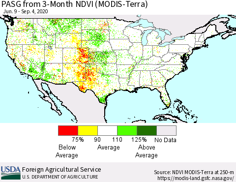 United States PASG from 3-Month NDVI (MODIS-Terra) Thematic Map For 9/1/2020 - 9/10/2020