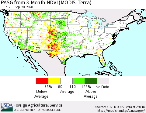 United States PASG from 3-Month NDVI (Terra-MODIS) Thematic Map For 9/11/2020 - 9/20/2020