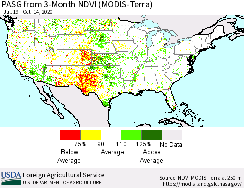 United States PASG from 3-Month NDVI (Terra-MODIS) Thematic Map For 10/11/2020 - 10/20/2020