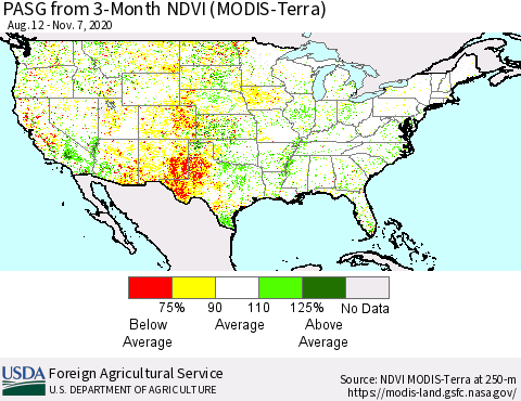 United States PASG from 3-Month NDVI (MODIS-Terra) Thematic Map For 11/1/2020 - 11/10/2020