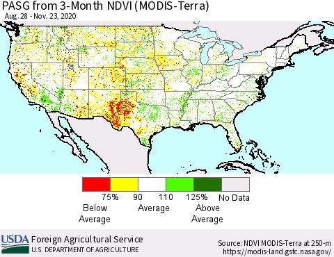 United States PASG from 3-Month NDVI (Terra-MODIS) Thematic Map For 11/21/2020 - 11/30/2020