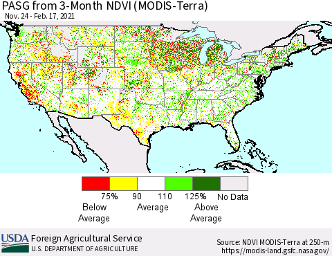 United States PASG from 3-Month NDVI (Terra-MODIS) Thematic Map For 2/11/2021 - 2/20/2021