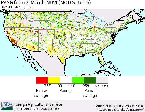 United States PASG from 3-Month NDVI (Terra-MODIS) Thematic Map For 3/11/2021 - 3/20/2021