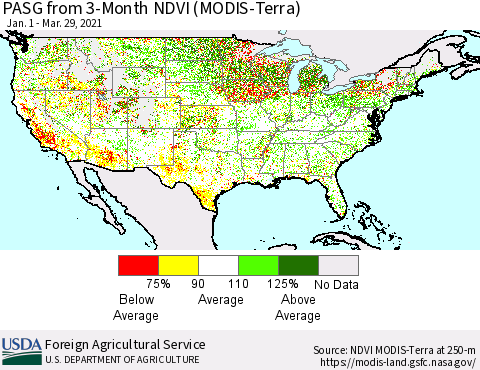 United States PASG from 3-Month NDVI (Terra-MODIS) Thematic Map For 3/21/2021 - 3/31/2021